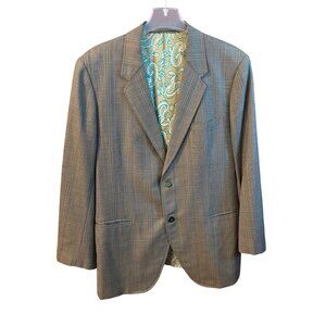 Vintage Customique Hand-Tailored Mens Plaid Blazer Paisley Lining Green Brown